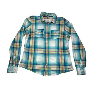 Aeropostale Plaid Button Up‎ Long Sleeve Shirt Pastel Teal Pink Green L
